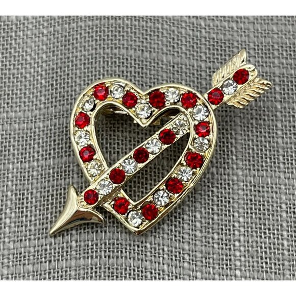 Gold Tone Red Clear Rhinestones Heart Arrow 2" Brooch - Picture 3 of 8